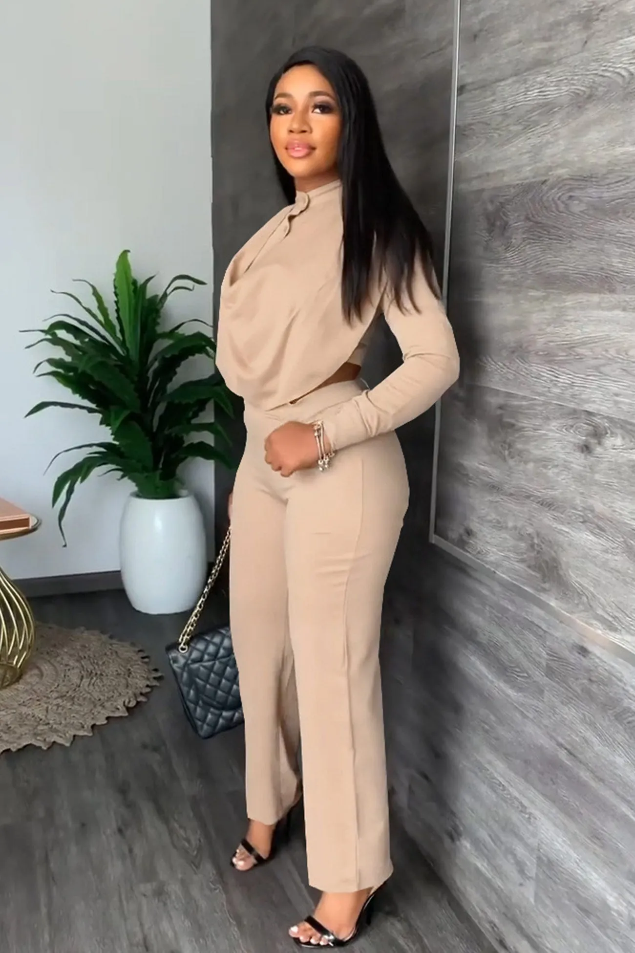 Cowl Neck Crop Top Long Pants Suits