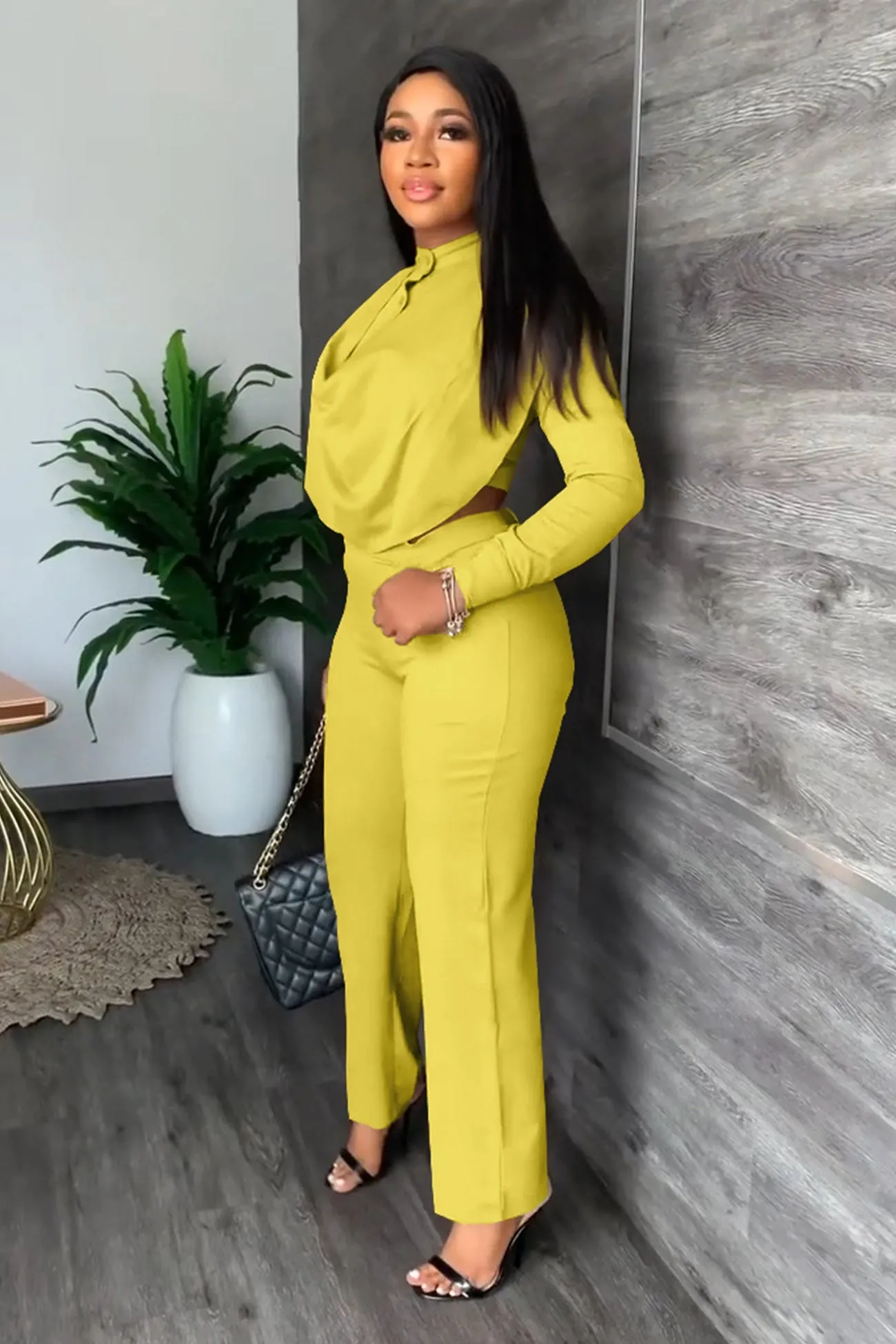 Cowl Neck Crop Top Long Pants Suits