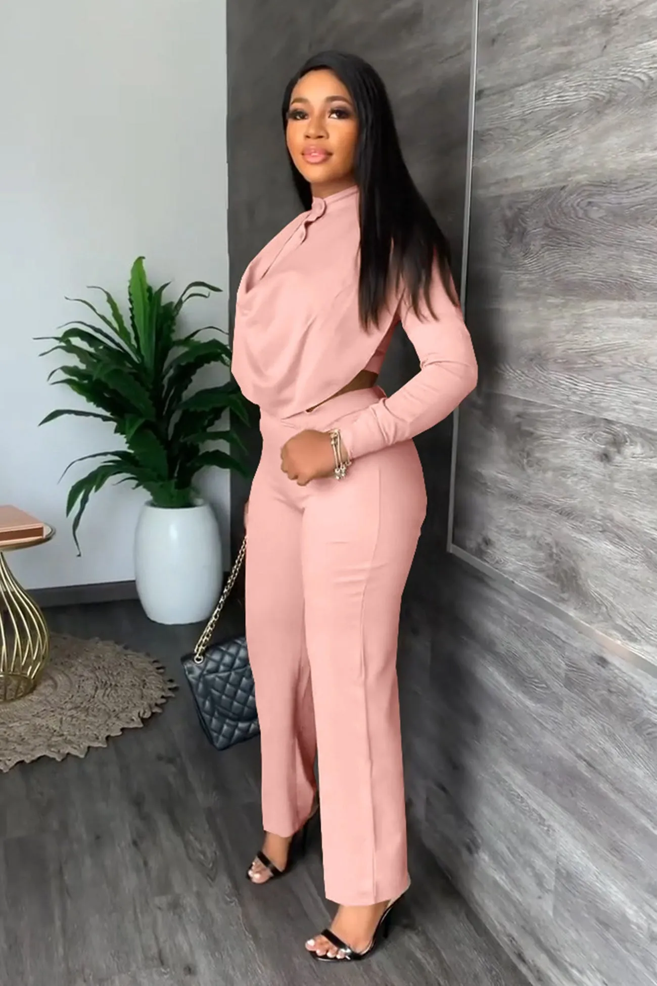 Cowl Neck Crop Top Long Pants Suits