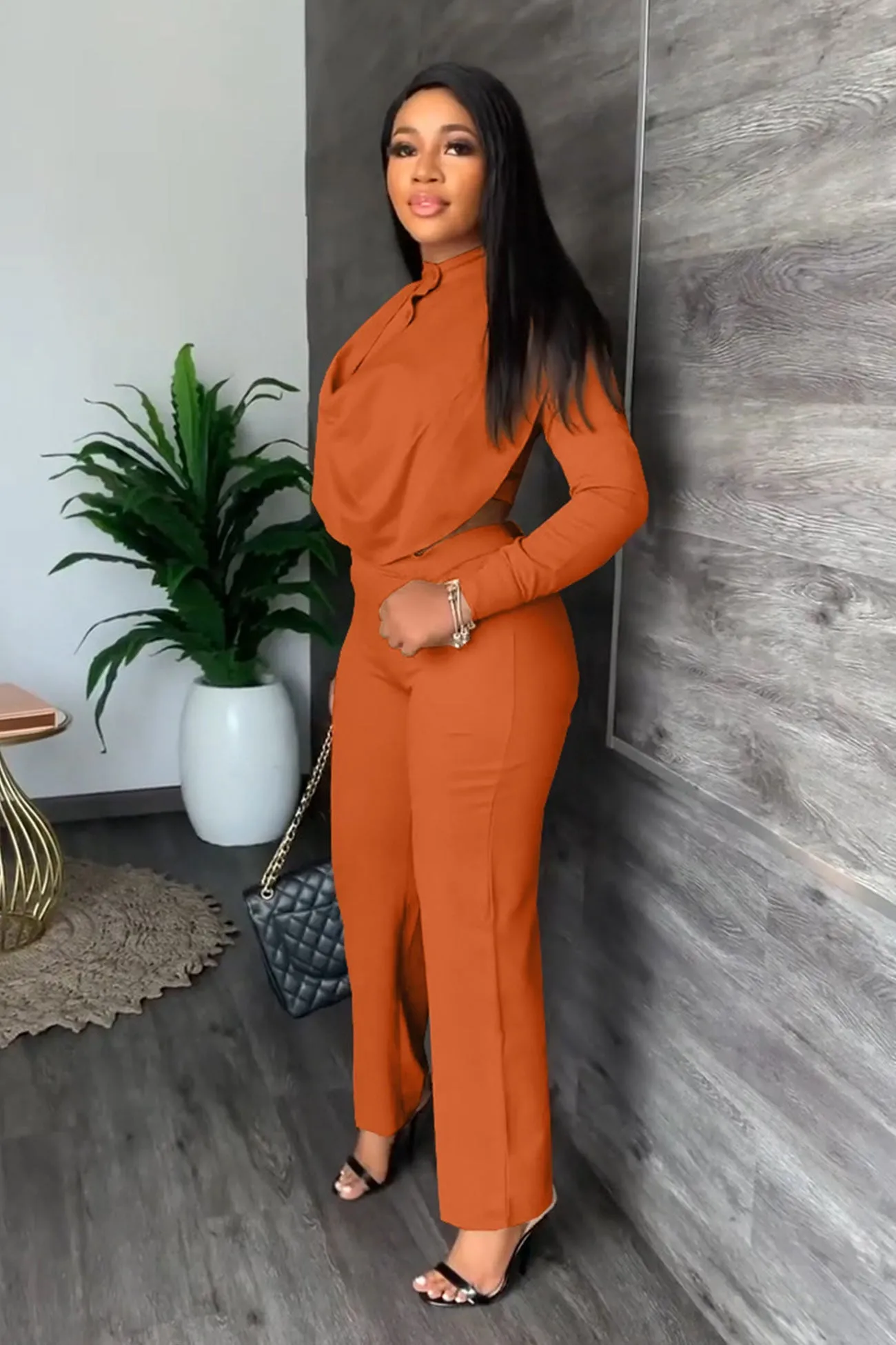 Cowl Neck Crop Top Long Pants Suits