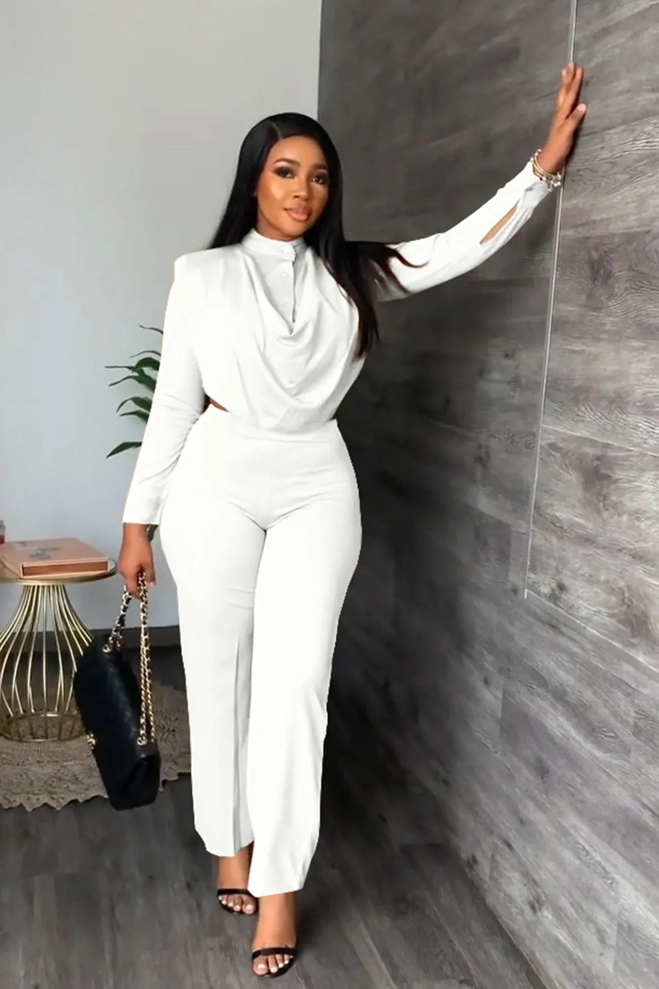 Cowl Neck Crop Top Long Pants Suits