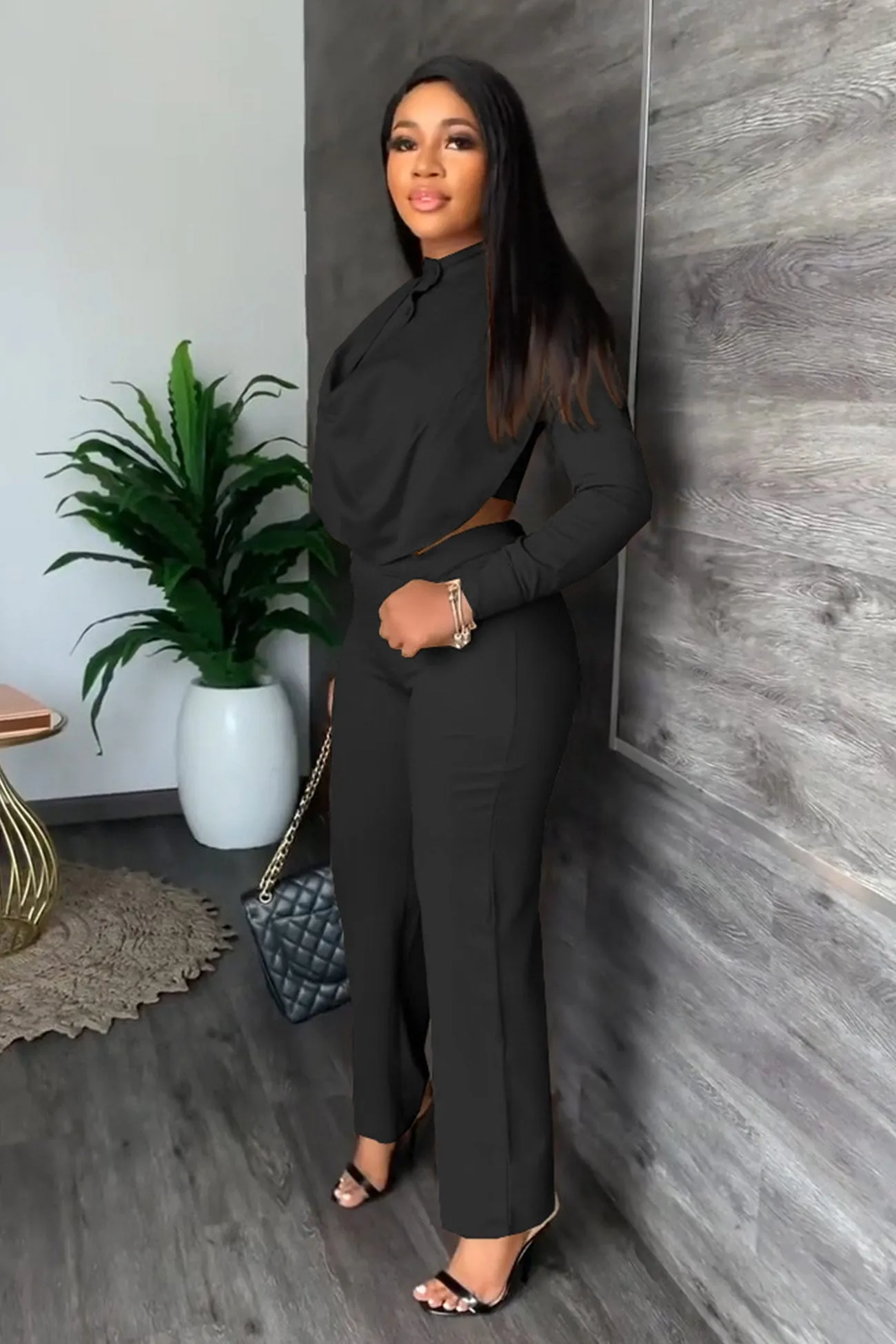 Cowl Neck Crop Top Long Pants Suits