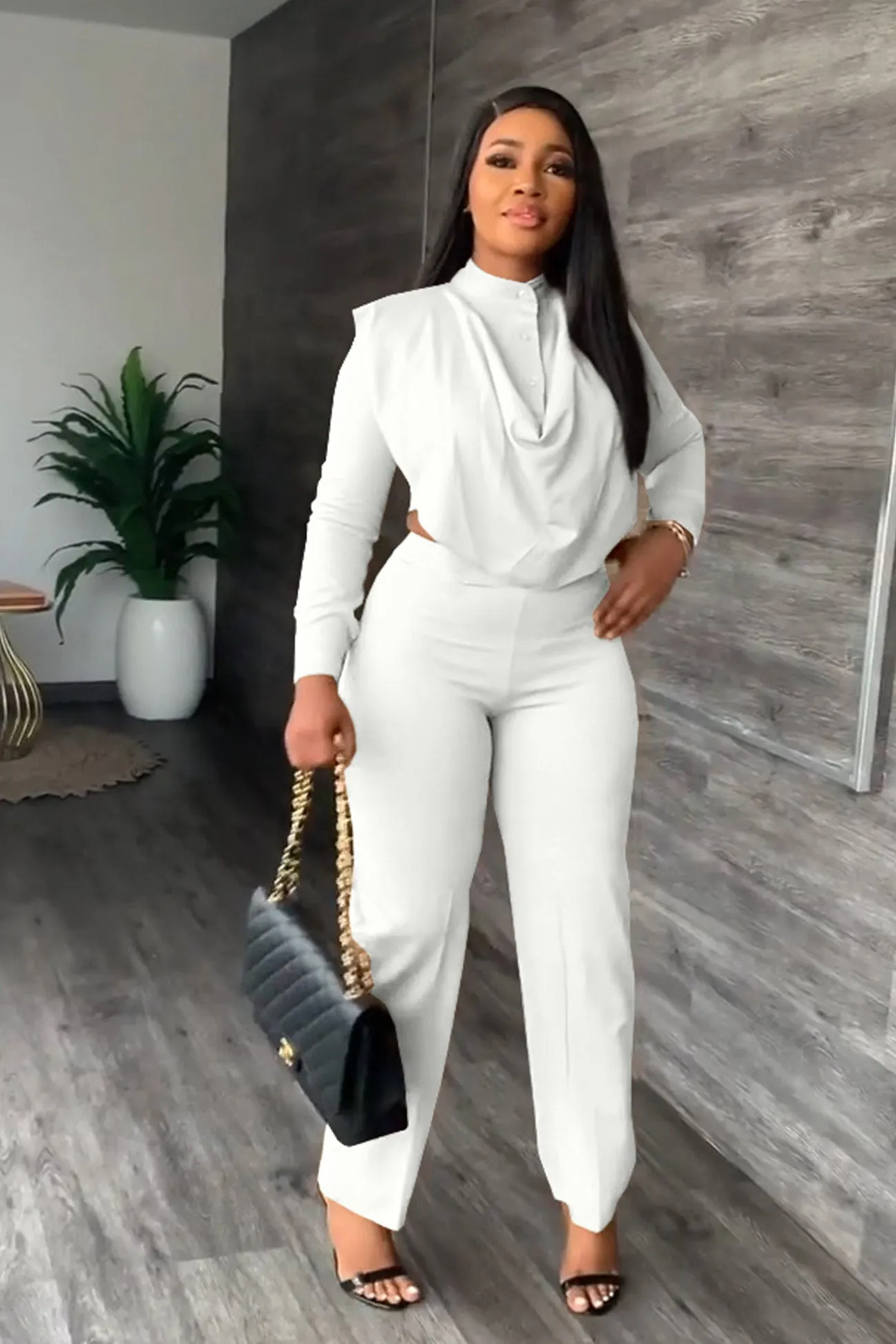 Cowl Neck Crop Top Long Pants Suits