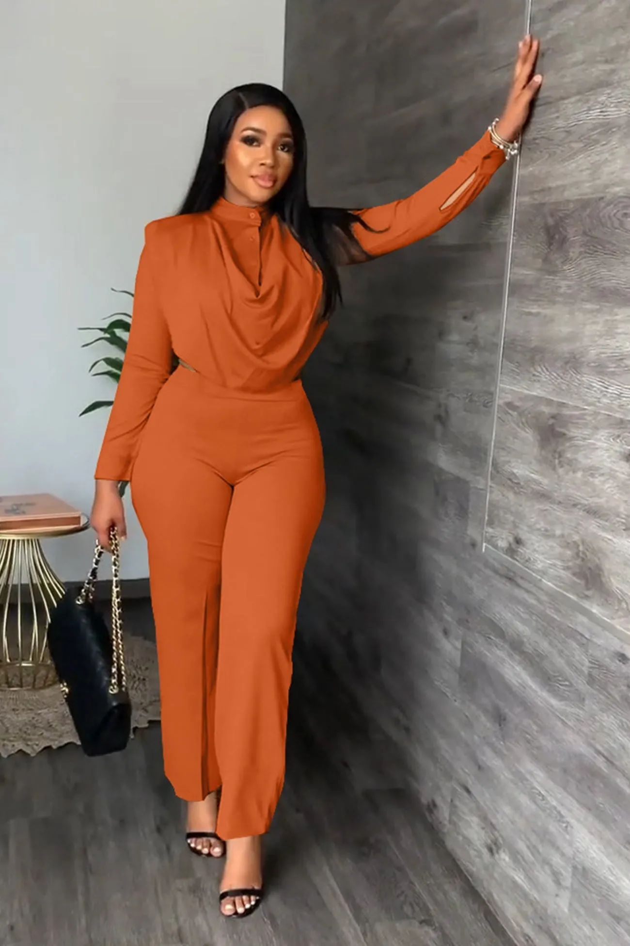 Cowl Neck Crop Top Long Pants Suits