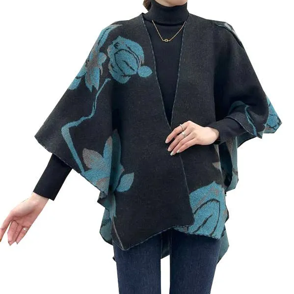 Cozy Cashmere Like Travel Wrap Aqua/Black Reversible Loop