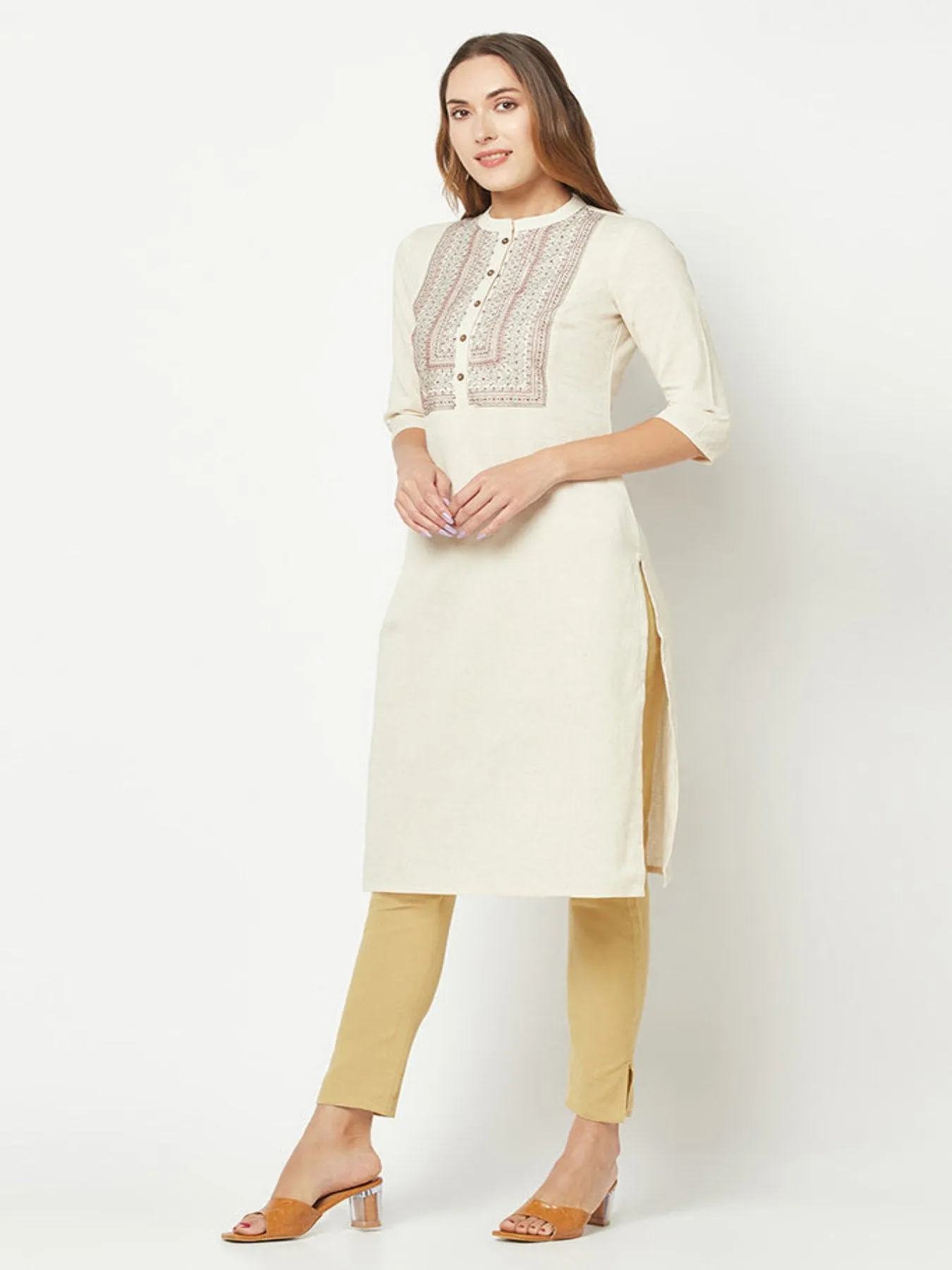 Cream Yoke Embroidered Straight Kurta