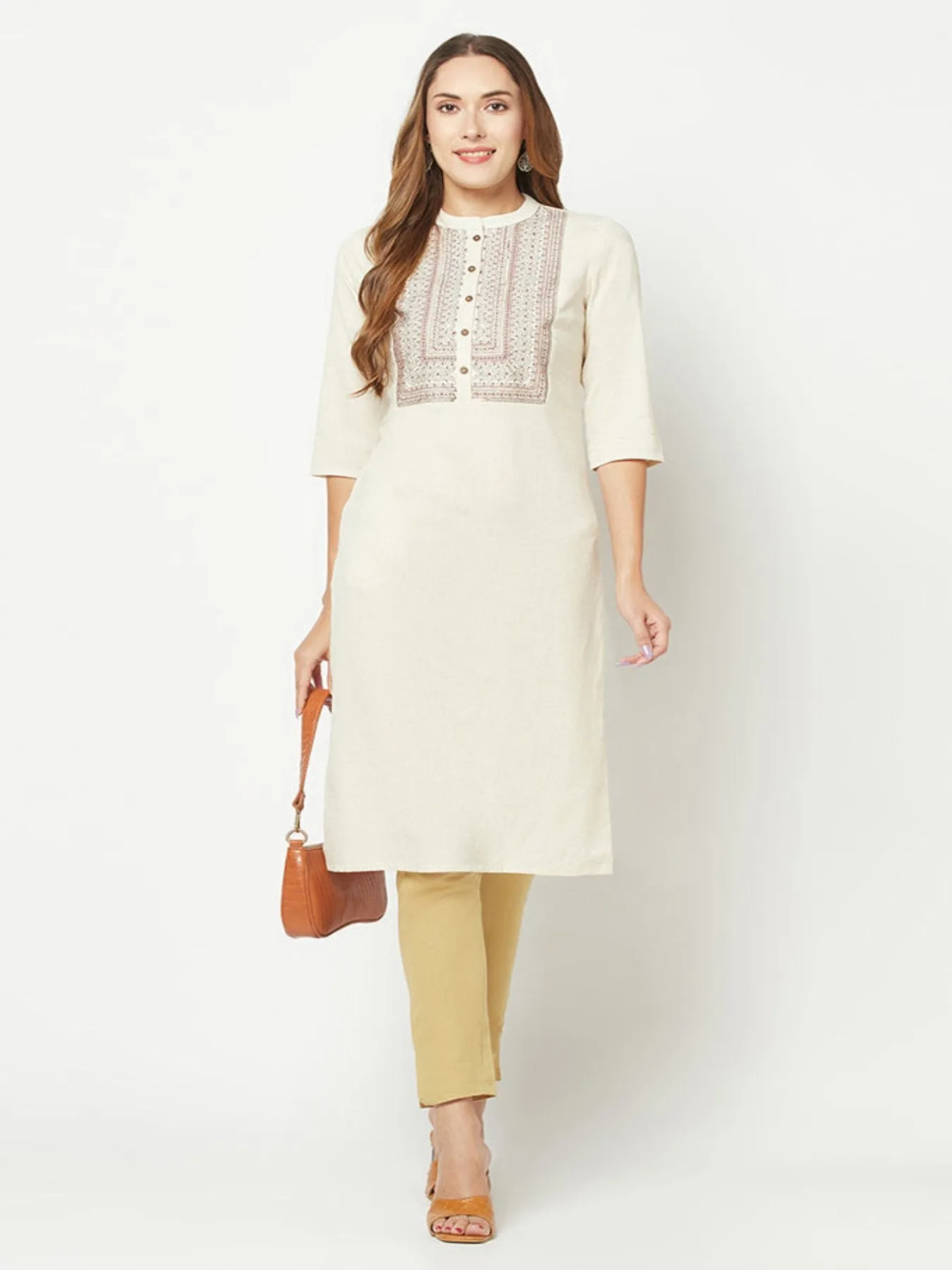 Cream Yoke Embroidered Straight Kurta