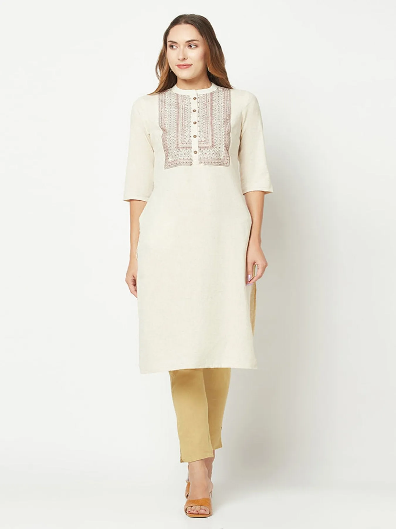 Cream Yoke Embroidered Straight Kurta