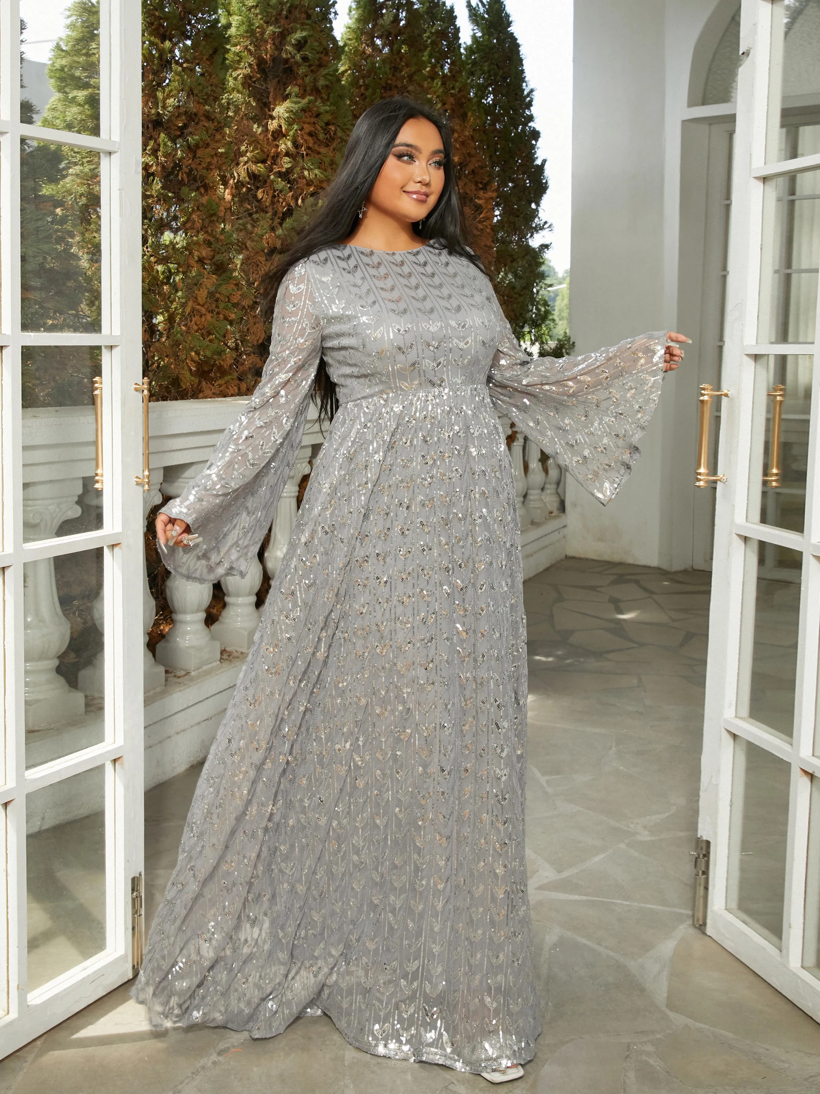 Crew Collar Bell Sleeve Backless Sequin Grey Evening Dress RM20603