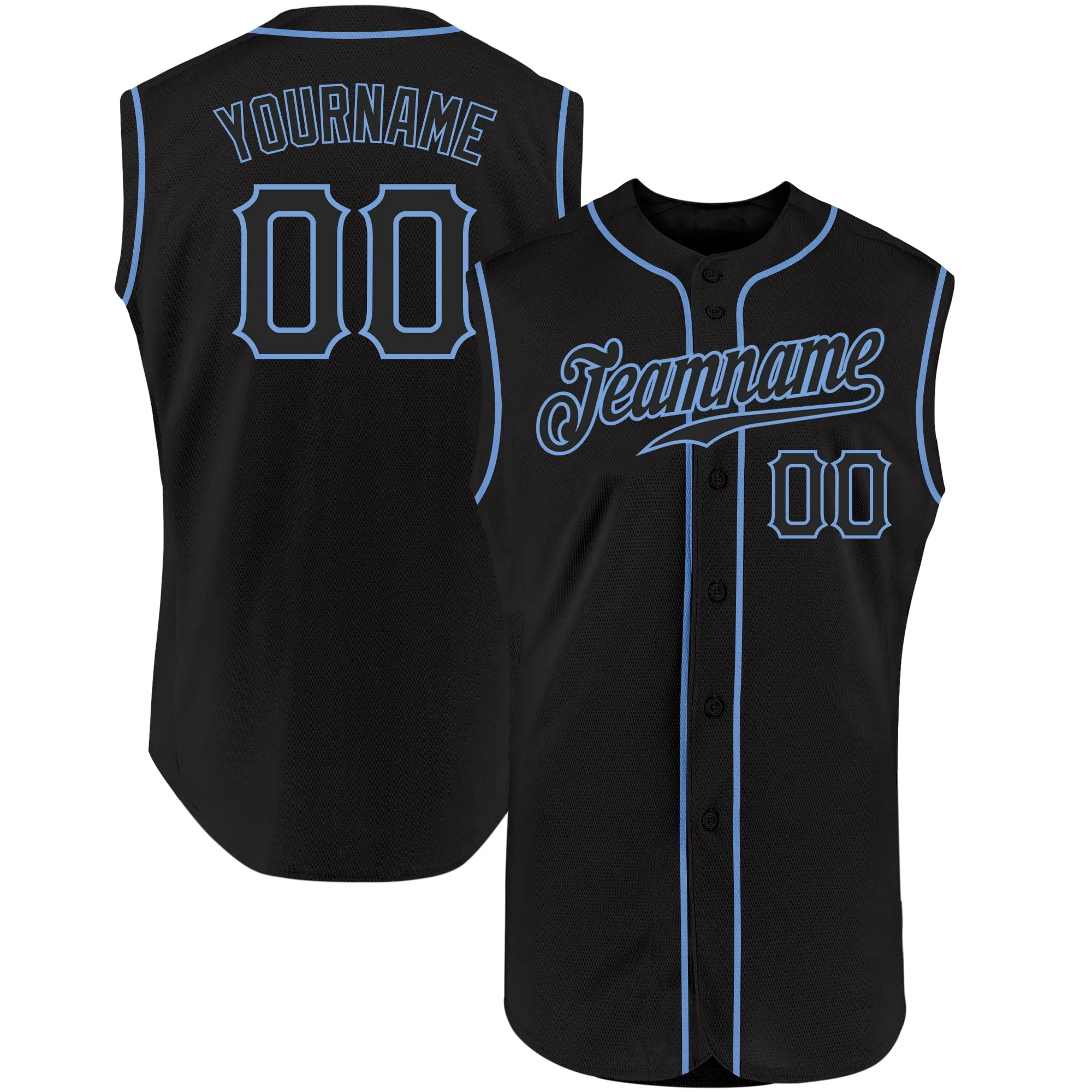 Custom Black Black-Light Blue Authentic Sleeveless Baseball Jersey