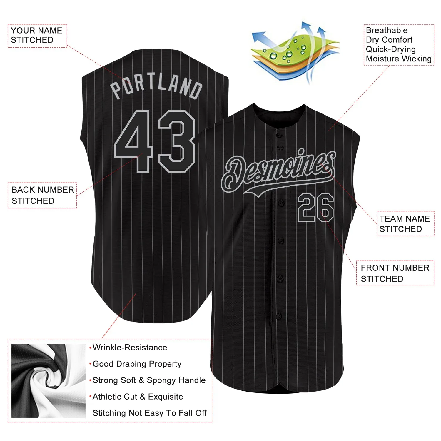 Custom Black Gray Pinstripe Gray Authentic Sleeveless Baseball Jersey