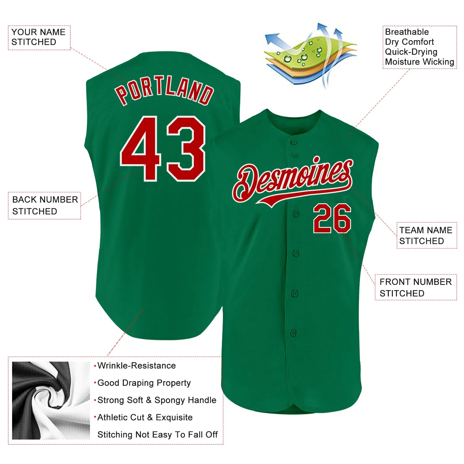 Custom Kelly Green Red-White Authentic Sleeveless Baseball Jersey