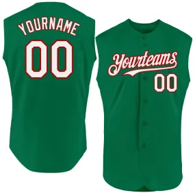 Custom Kelly Green White-Red Authentic Sleeveless Baseball Jersey