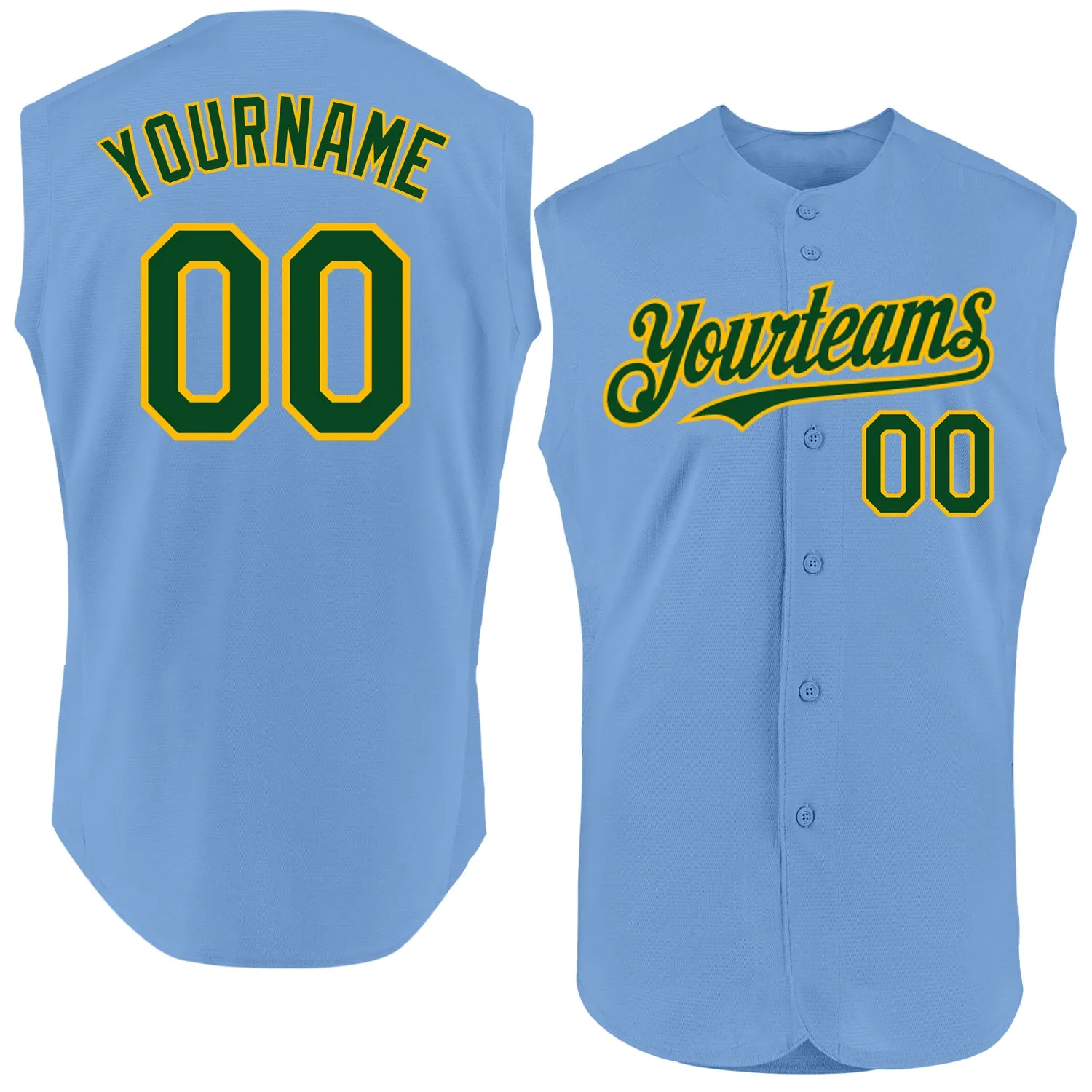 Custom Light Blue Green-Gold Authentic Sleeveless Baseball Jersey