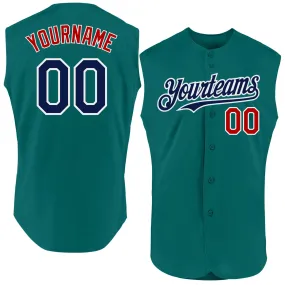 Custom Teal Navy-Red Authentic Sleeveless Baseball Jersey