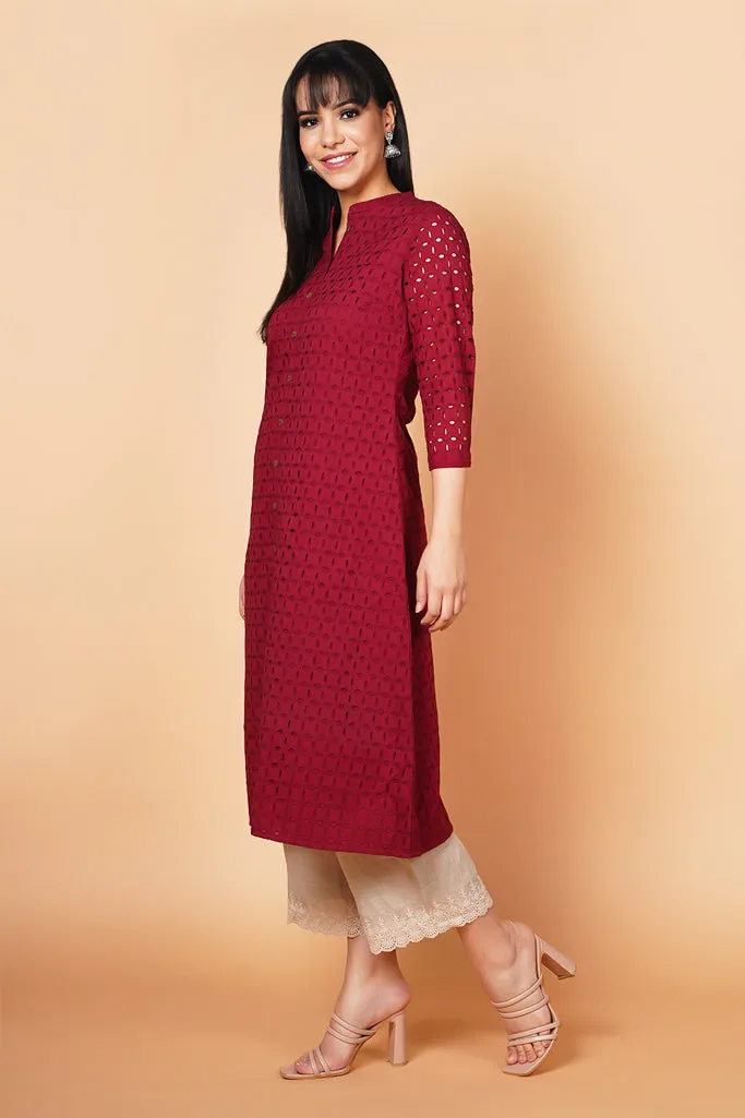 Deep wine Schiffli Design A-Line Solid Kurta