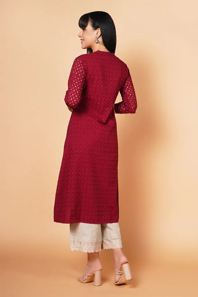 Deep wine Schiffli Design A-Line Solid Kurta