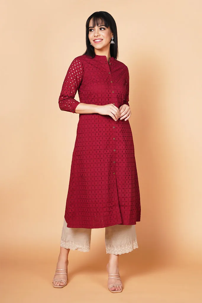 Deep wine Schiffli Design A-Line Solid Kurta