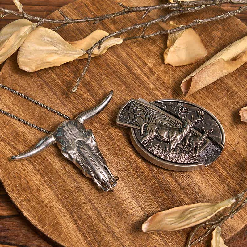 Deer DIY Hidden Knife Belt Buckle Longhorn Pendant Bull Ring Bundle Set