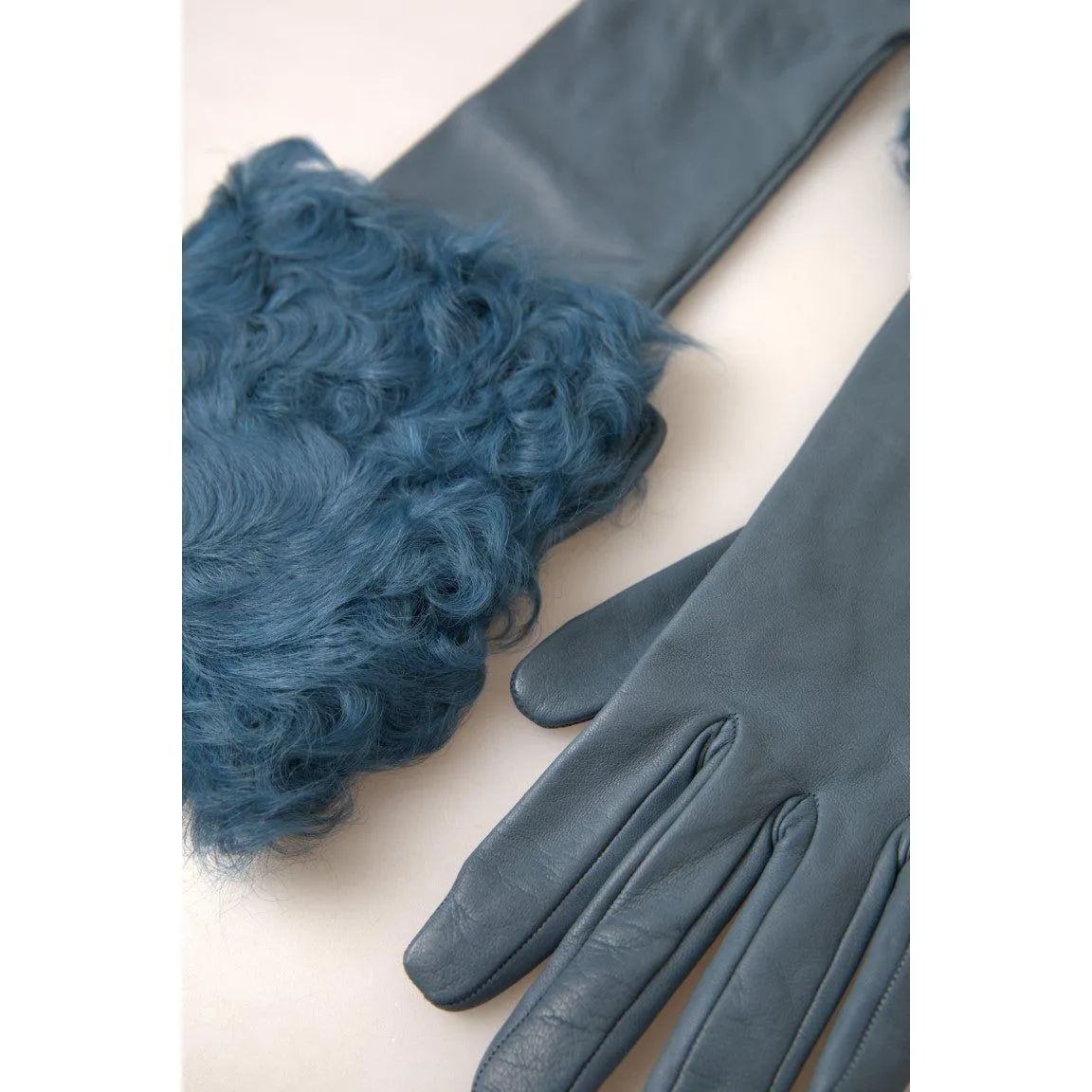 Dolce & Gabbana Elegant Blue Leather Gloves with Fur Trim