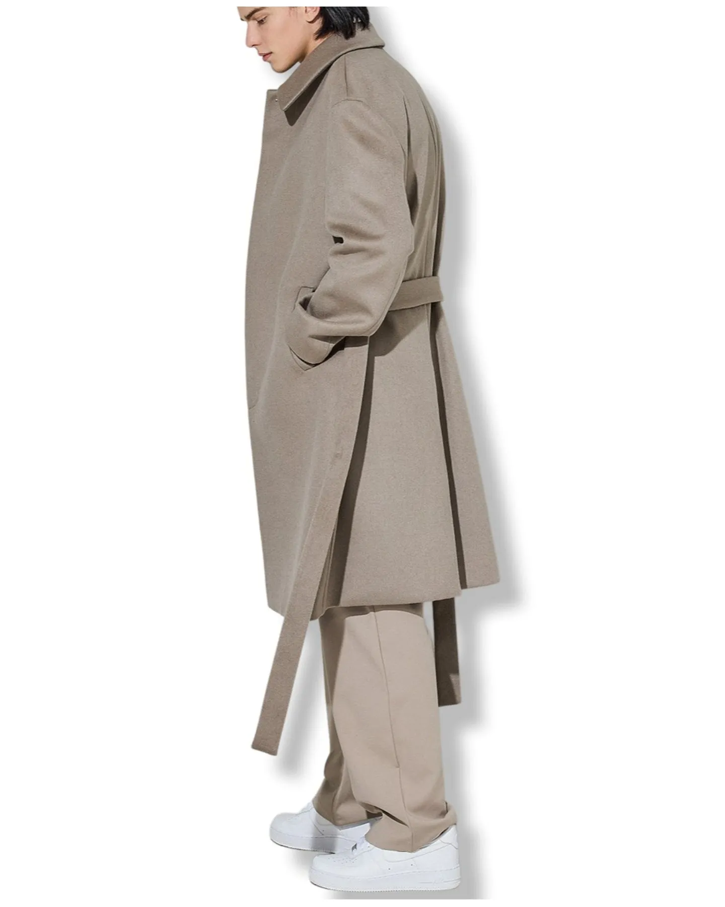 EDUARDO Men Single-Breasted Belted Cashmere Mac Balmacaan Long Coat.