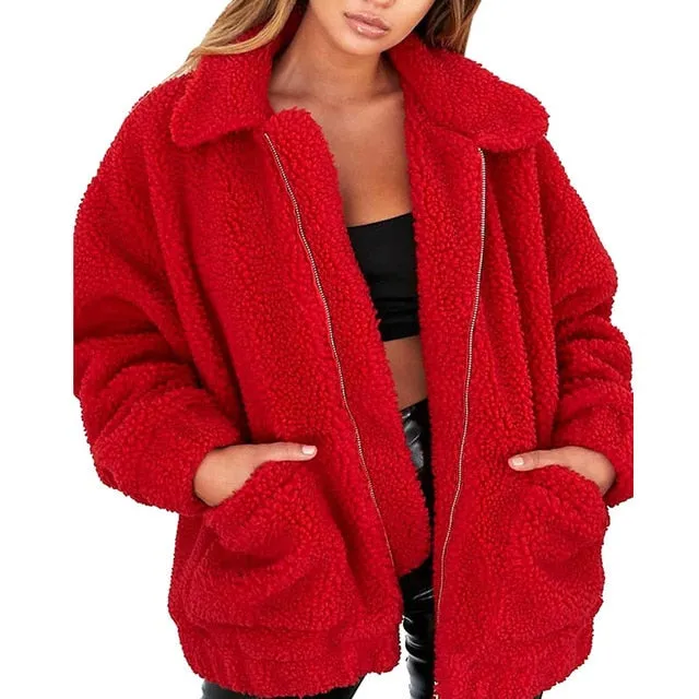 Elegance Coat Women  Winter Warm Soft Zipper Fur Jacket Female Plush Overcoat Casual Outerwear