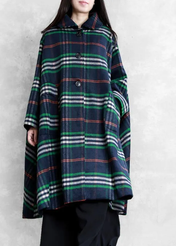 Elegant blue plaid wool overcoat plus size clothing Peter pan Collar large hem Coats