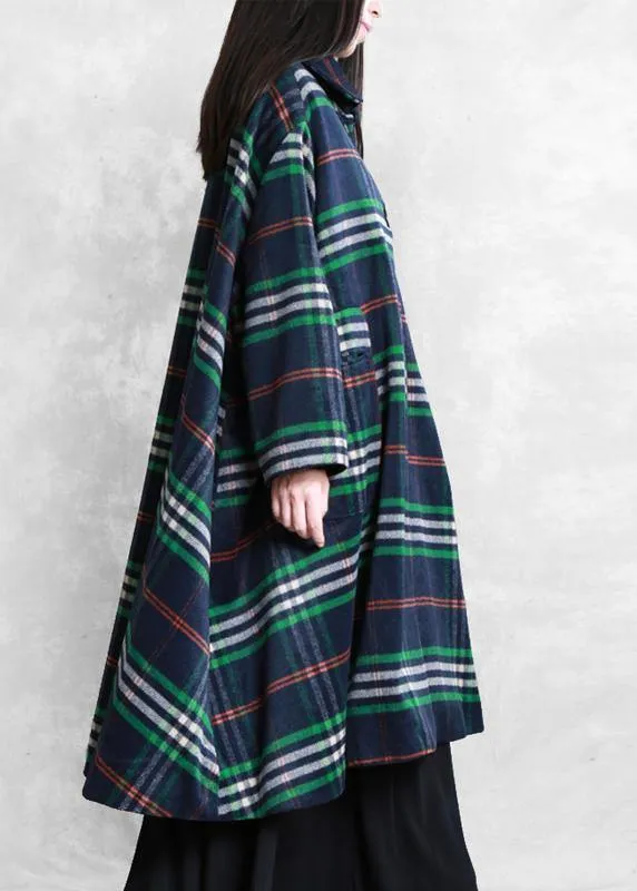 Elegant blue plaid wool overcoat plus size clothing Peter pan Collar large hem Coats