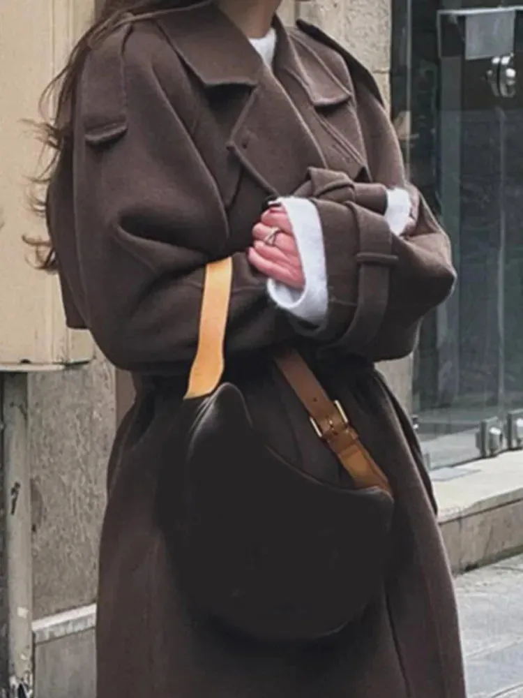 Elegant Brown Double-breasted Woolen Overcoat With Belt Women Long Sleeve Loose Lapel Casual Coat Autumn Warm Commute Outwear