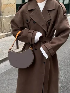 Elegant Brown Double-breasted Woolen Overcoat With Belt Women Long Sleeve Loose Lapel Casual Coat Autumn Warm Commute Outwear