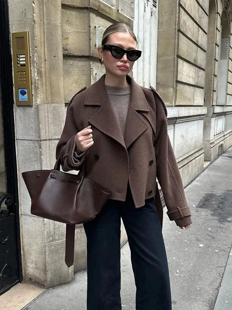 Elegant Brown Double-breasted Woolen Overcoat With Belt Women Long Sleeve Loose Lapel Casual Coat Autumn Warm Commute Outwear