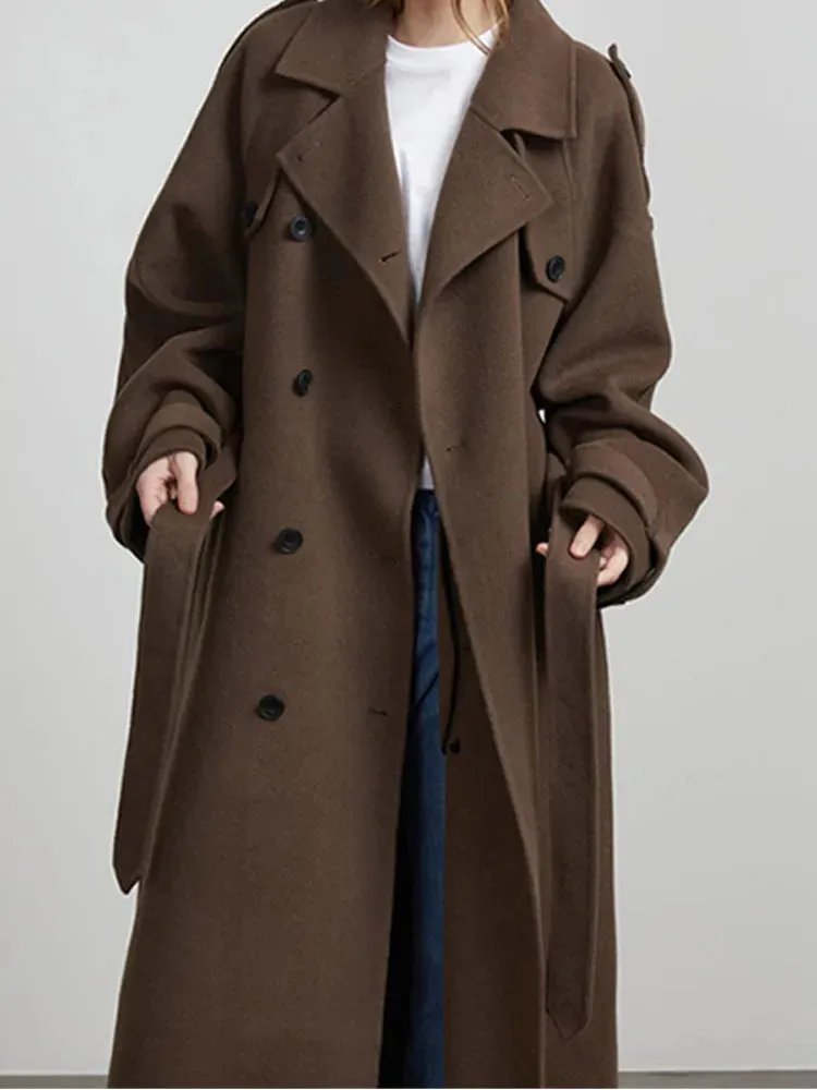 Elegant Brown Double-breasted Woolen Overcoat With Belt Women Long Sleeve Loose Lapel Casual Coat Autumn Warm Commute Outwear