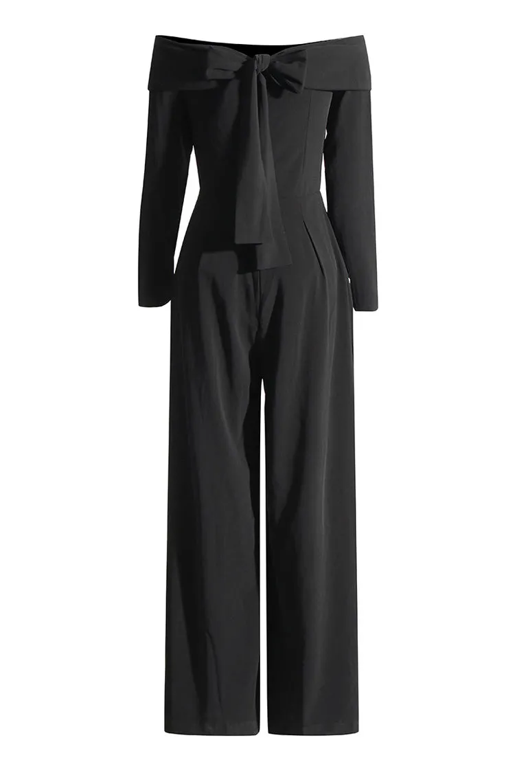 Elegant Folded Off Shoulder Long Sleeve Bow Tie Back Wide Leg Jumpsuit