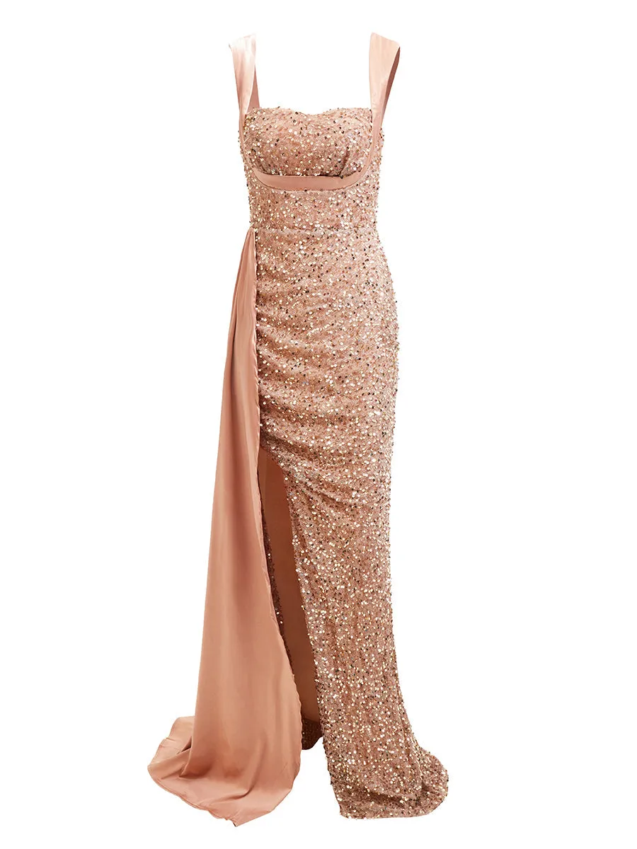 Elegant High Waist Ribbon Sequin Maxi Prom Dress XH2162