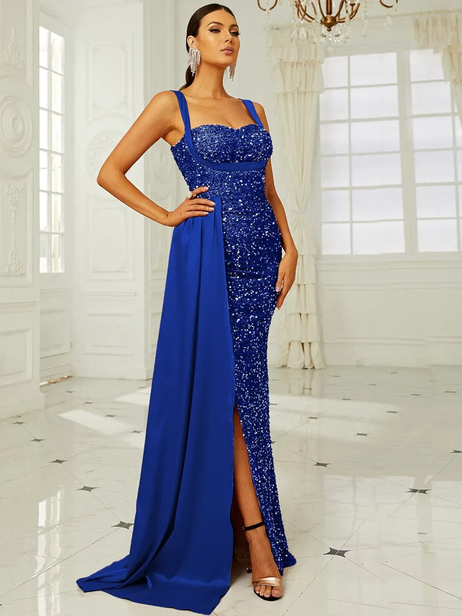 Elegant High Waist Ribbon Sequin Maxi Prom Dress XH2162