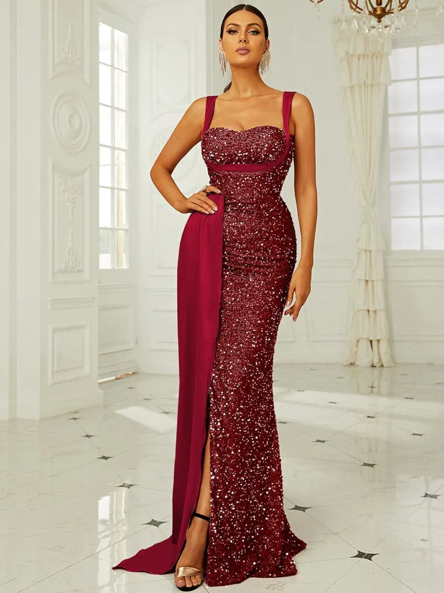 Elegant High Waist Ribbon Sequin Maxi Prom Dress XH2162