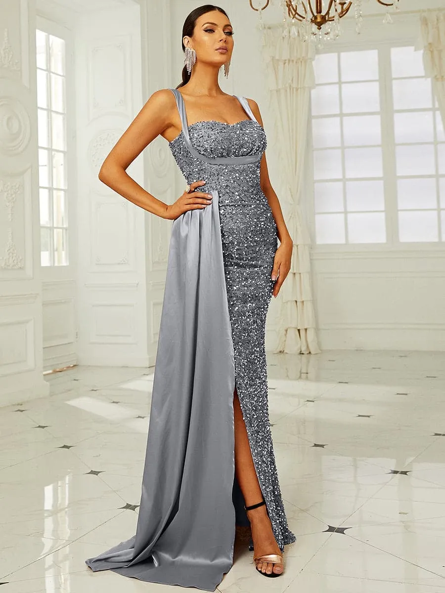 Elegant High Waist Ribbon Sequin Maxi Prom Dress XH2162