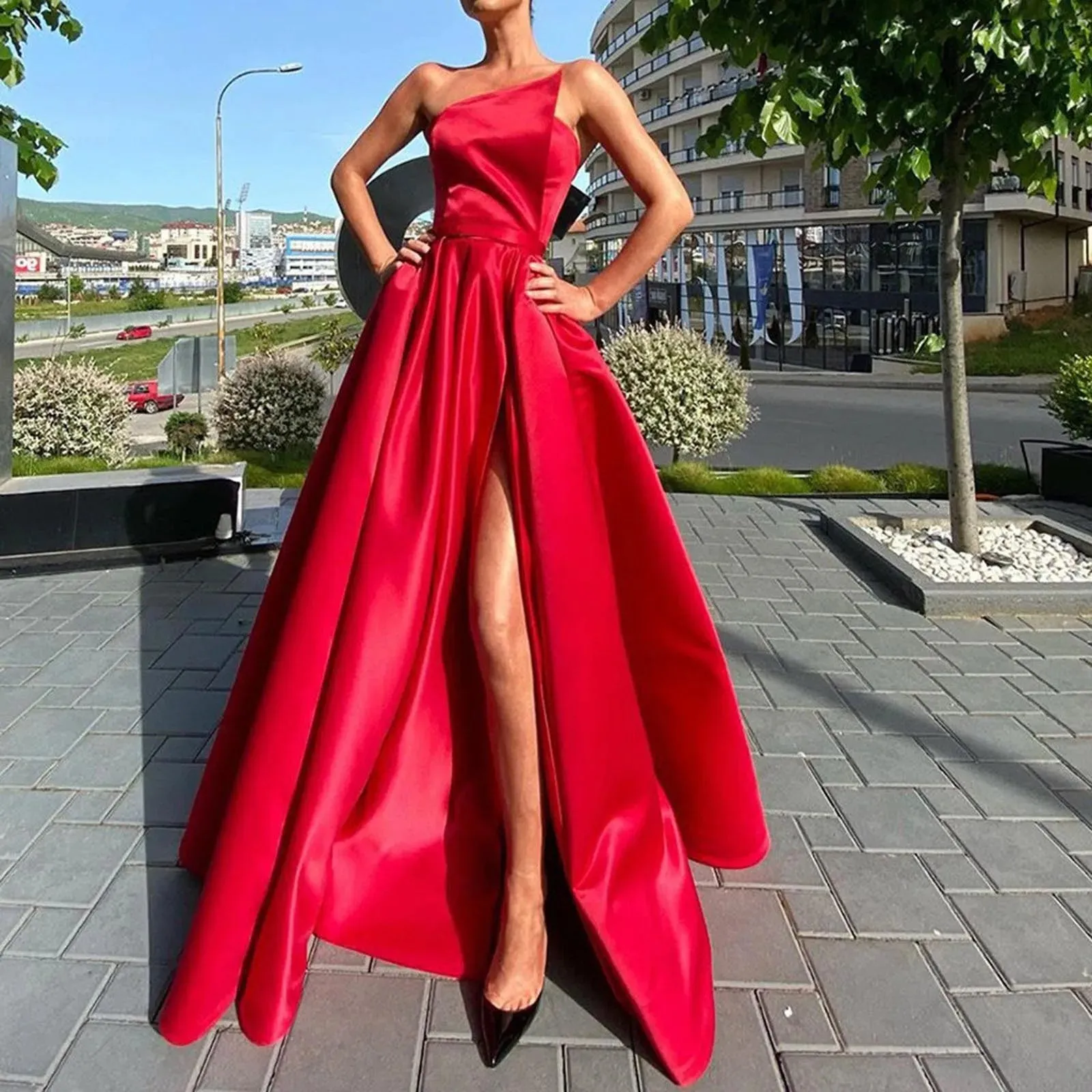 Elegant One Shoulder Sleeveless Side Slit Maxi Prom Dress for Curvy Women