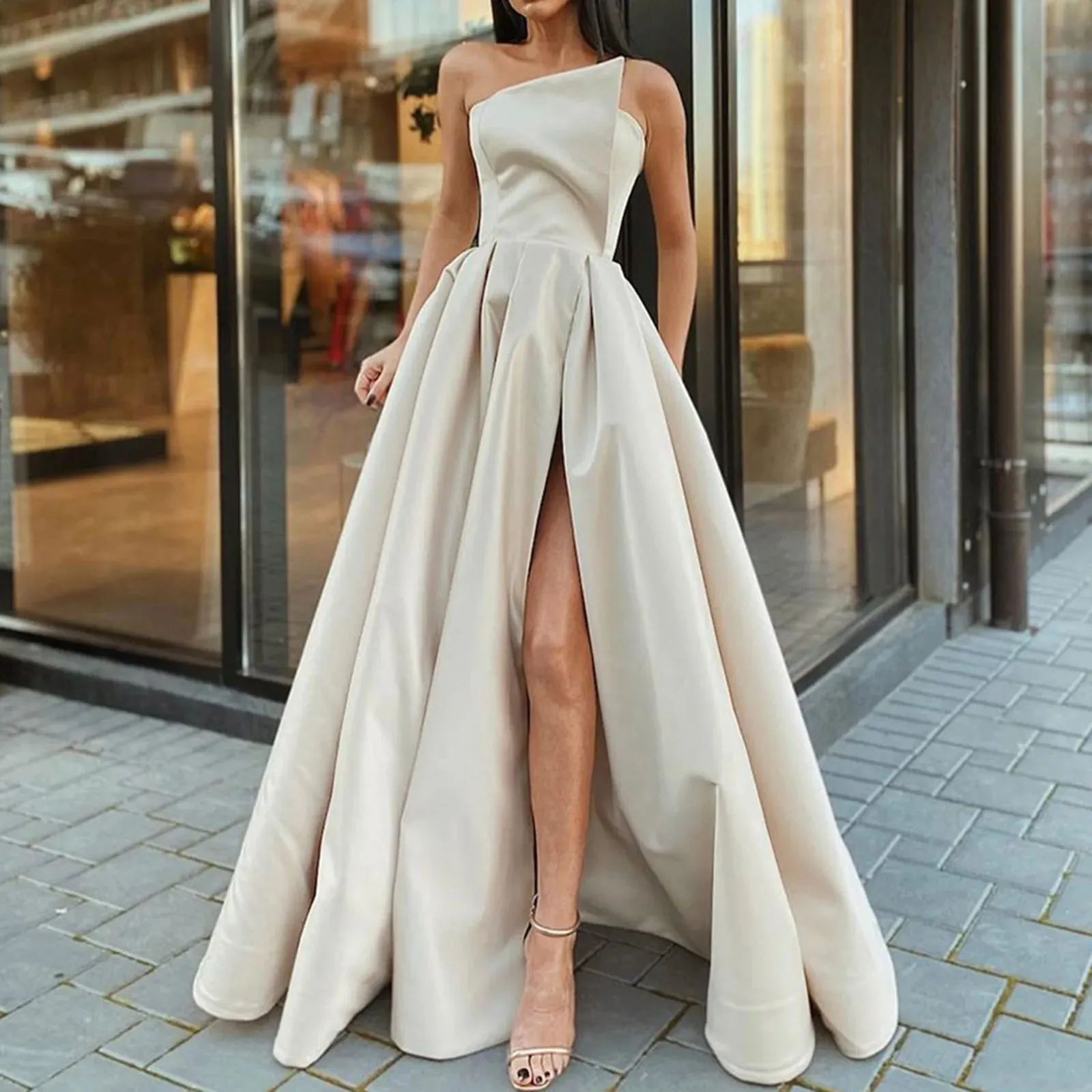 Elegant One Shoulder Sleeveless Side Slit Maxi Prom Dress for Curvy Women