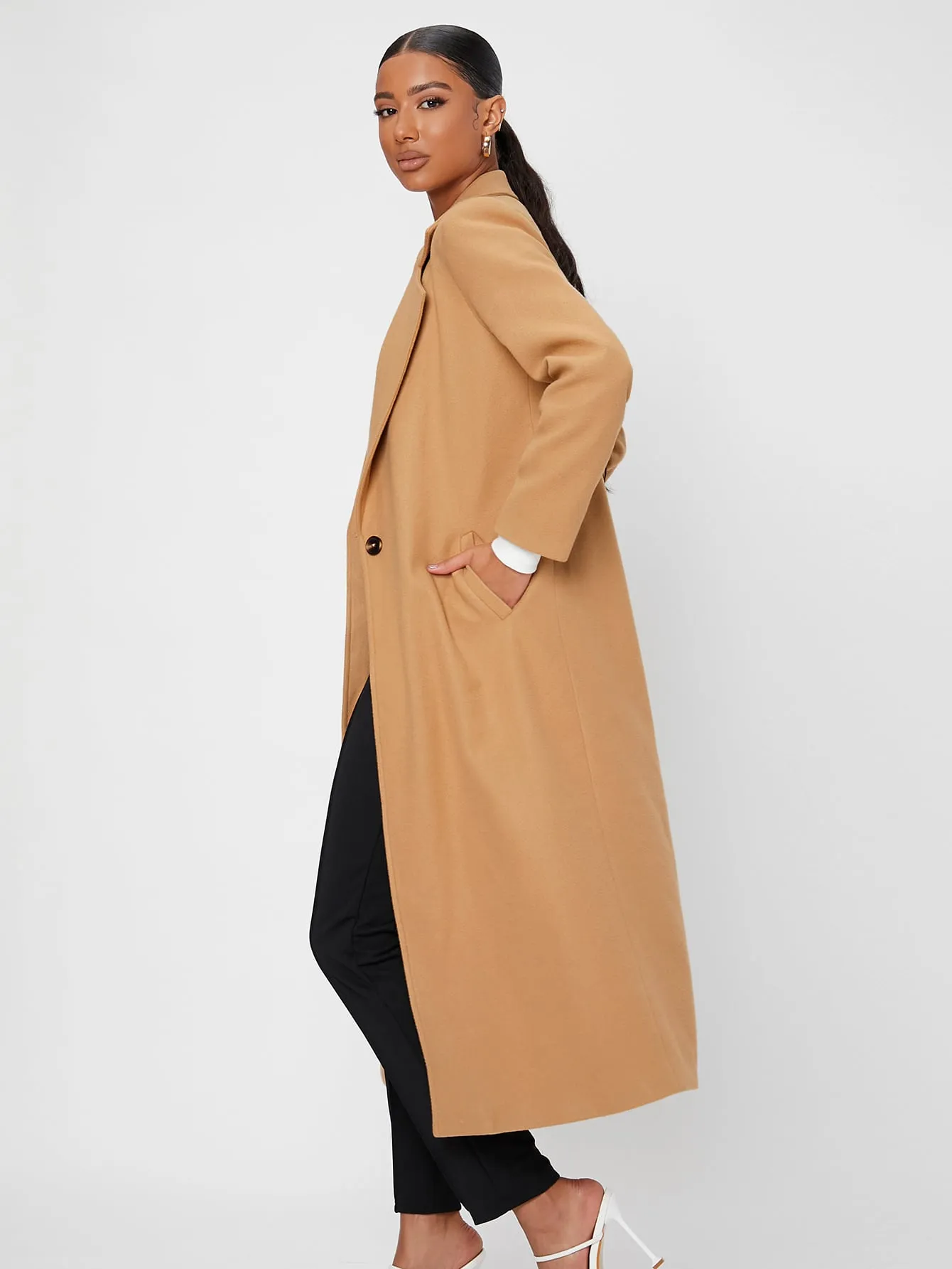 Elegant Plain Pocket Long Sleeve Lapel Long Womens Overcoat