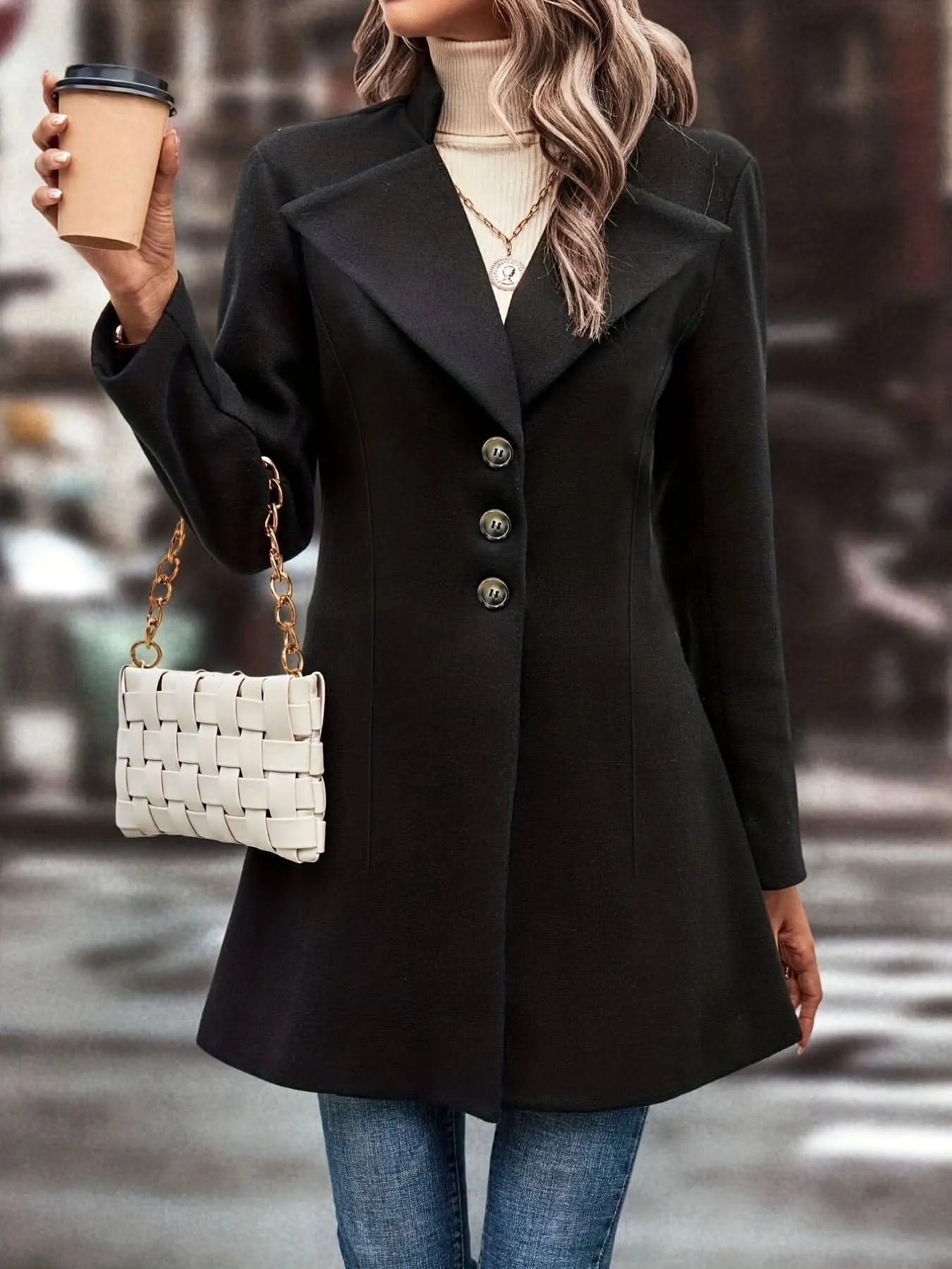 Elegant Womens Single Button Lapel Knit Overcoat