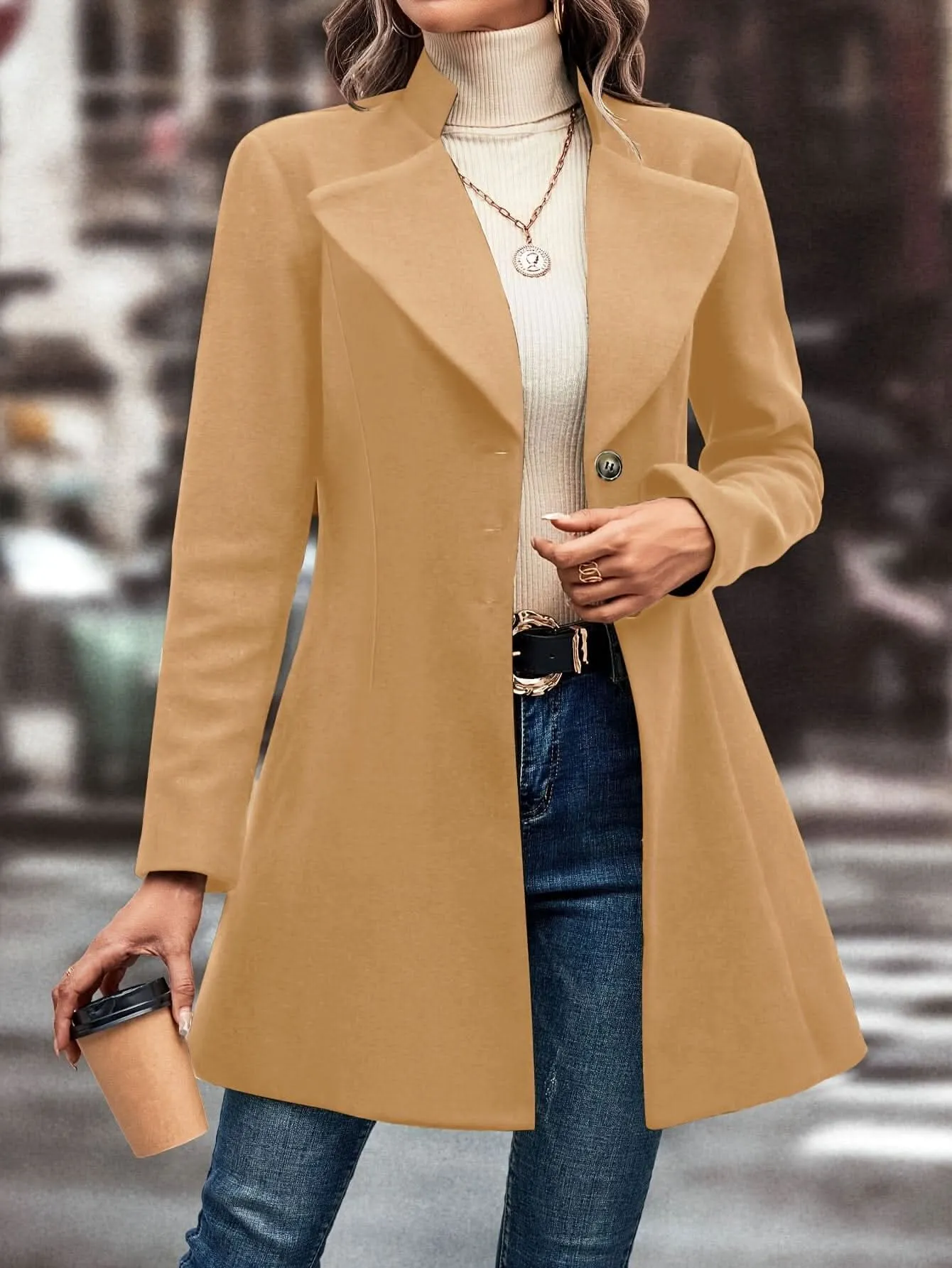 Elegant Womens Single Button Lapel Knit Overcoat