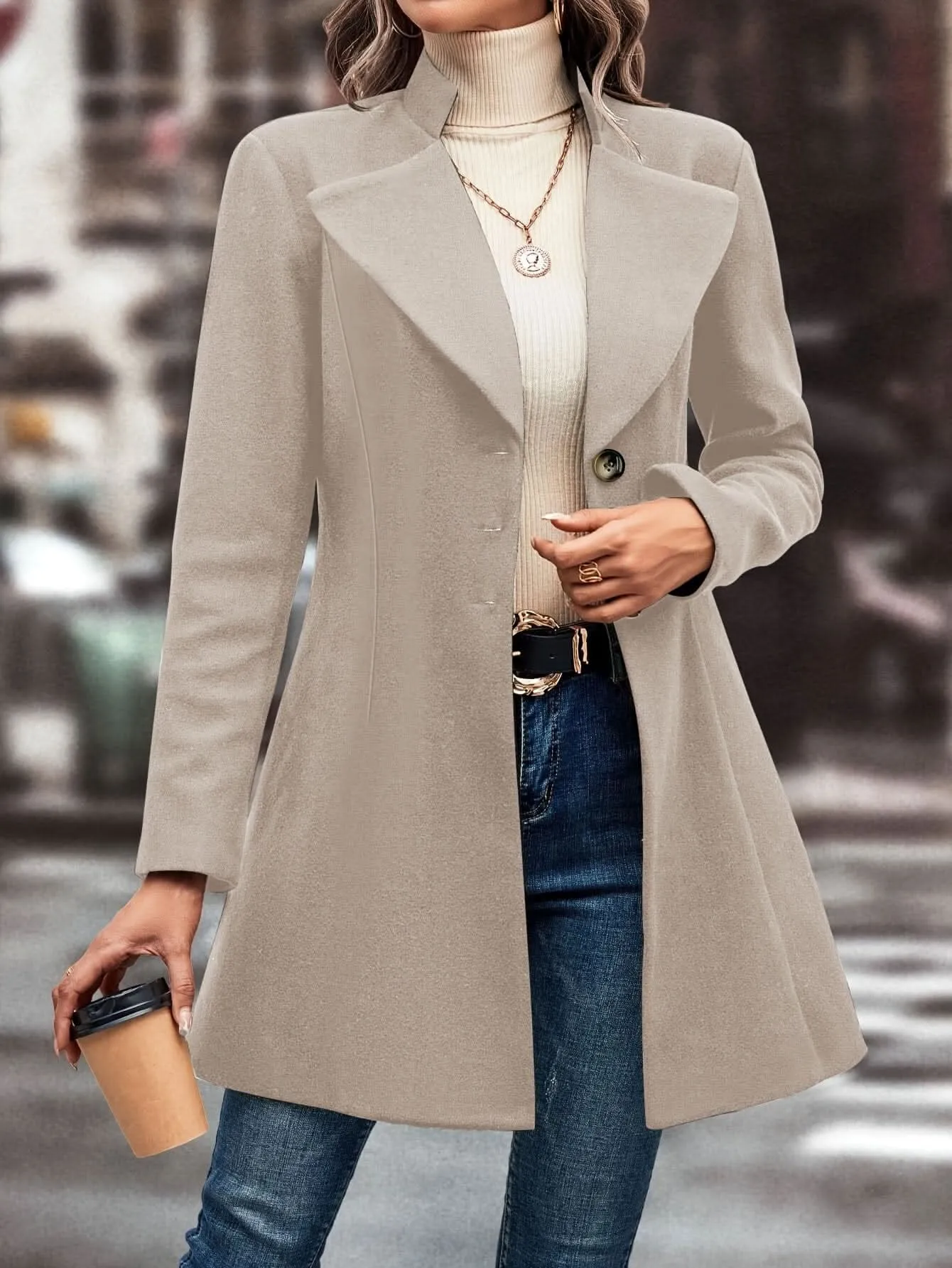 Elegant Womens Single Button Lapel Knit Overcoat