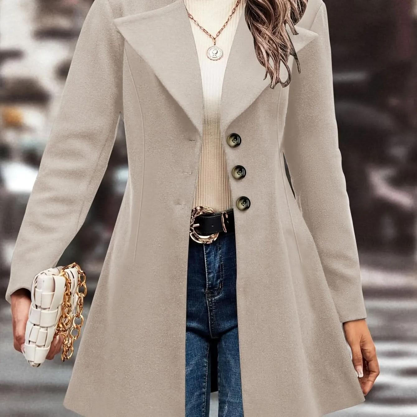 Elegant Womens Single Button Lapel Knit Overcoat