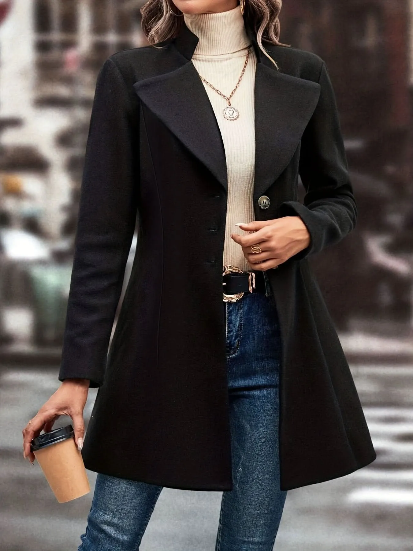 Elegant Womens Single Button Lapel Knit Overcoat