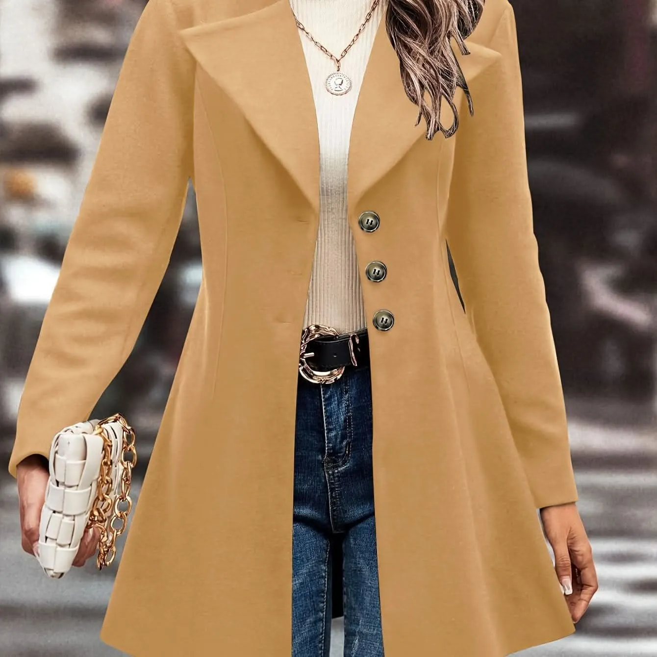 Elegant Womens Single Button Lapel Knit Overcoat