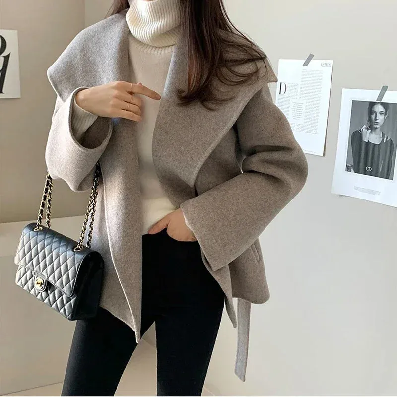 Elegant Wool Blends Coats Women Black Bandage Woolen Jackets Winter Ladies Commute Outerwear Korean Fashion Overcoat New