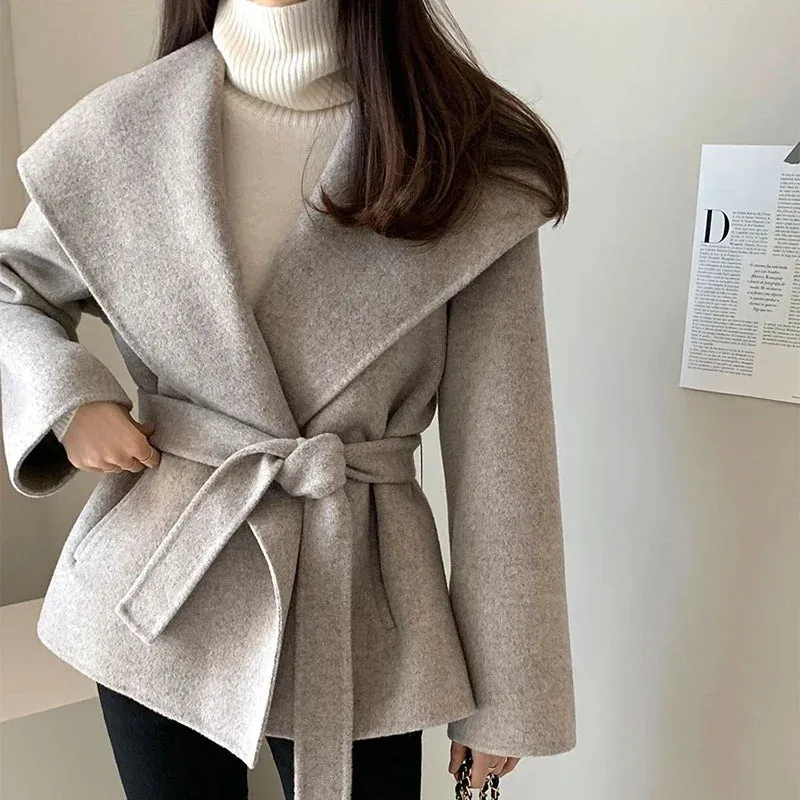 Elegant Wool Blends Coats Women Black Bandage Woolen Jackets Winter Ladies Commute Outerwear Korean Fashion Overcoat New