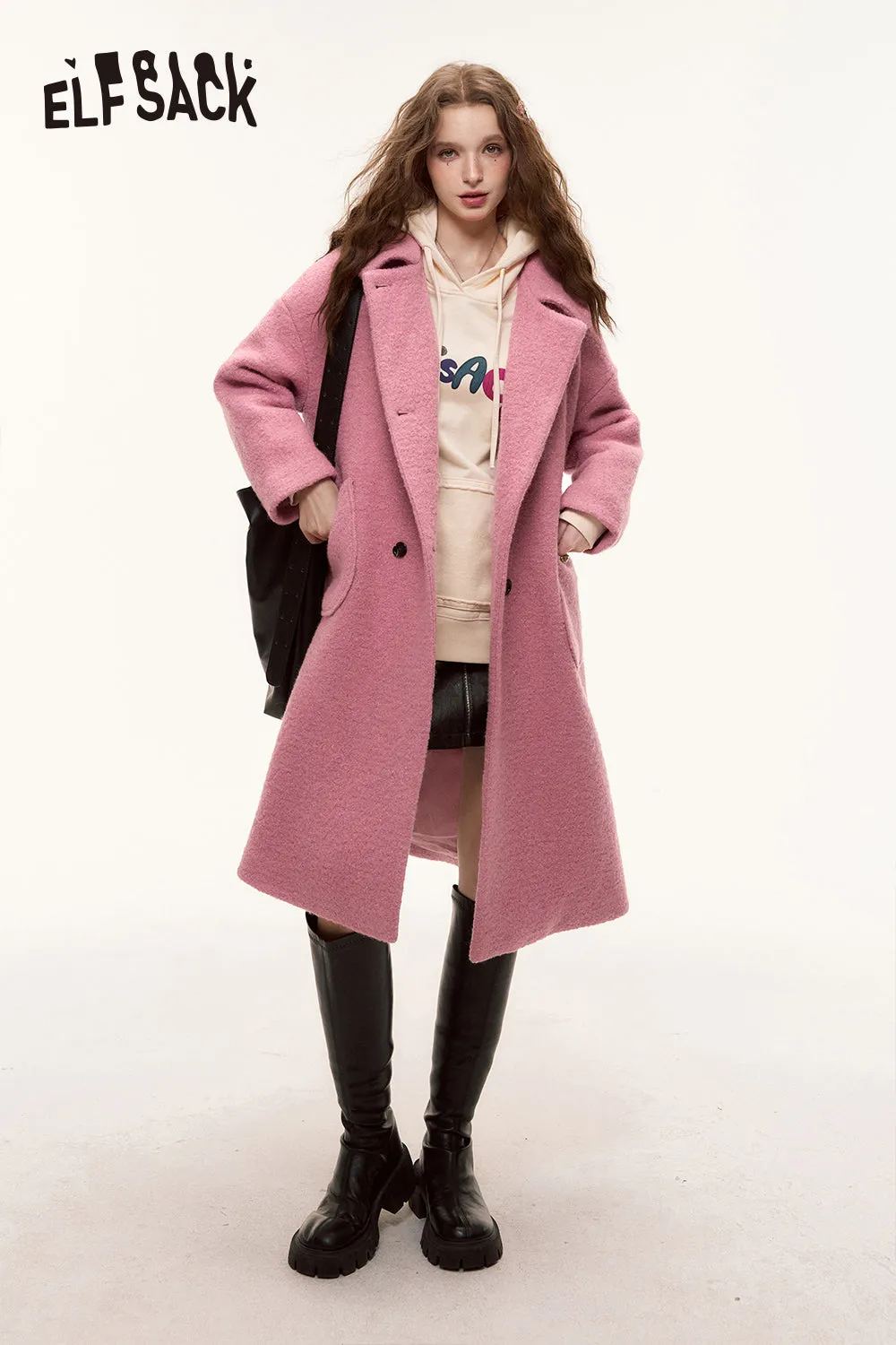 ELFSACK 2024 Autumn New Arrivals Winter New Lurex Retro Woolen Coat for Women Sweet Mid-Length Pink Overcoat