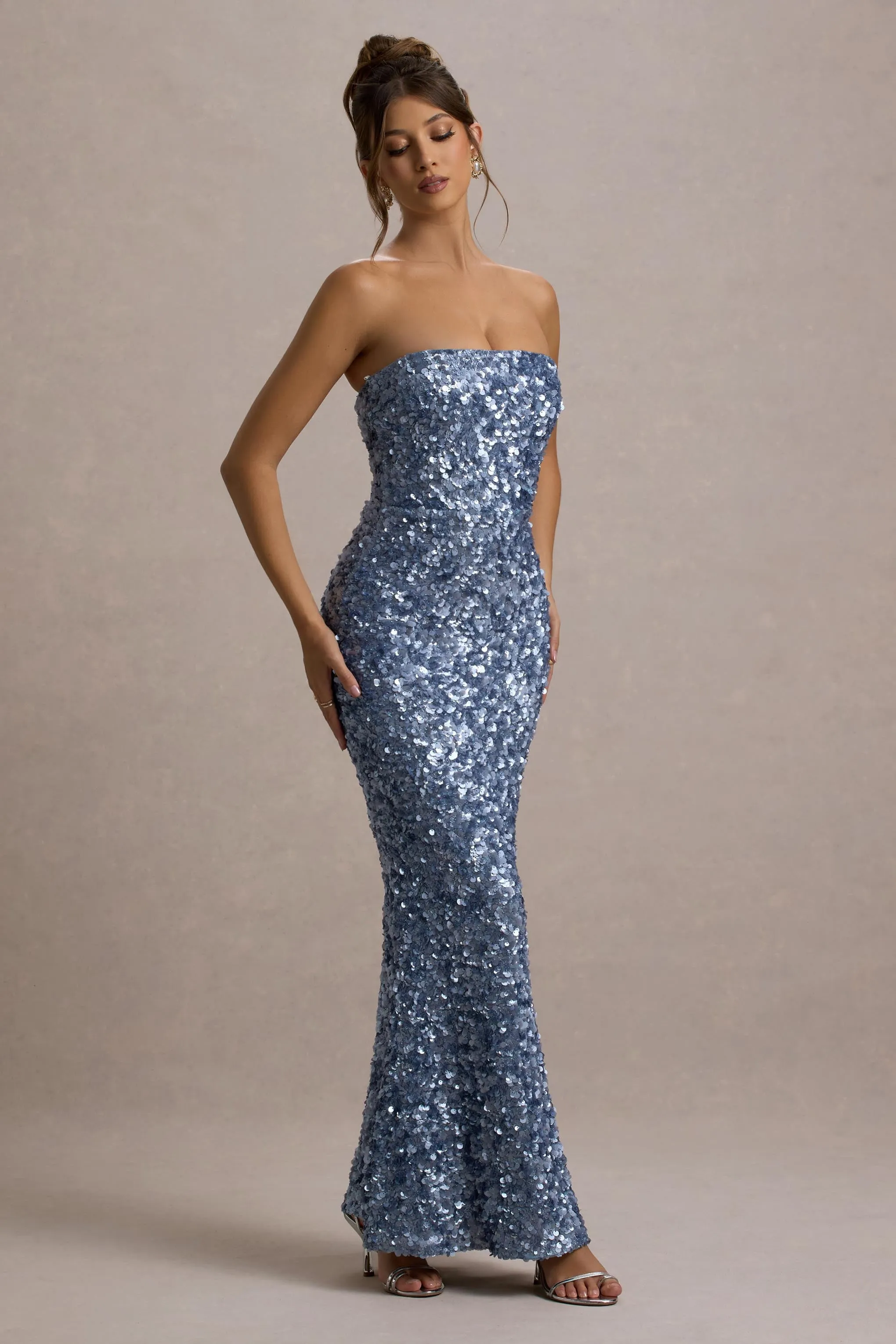 Evabeth | Powder Blue Sequin Strapless Maxi Dress